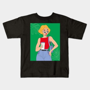 Cool girl with a coffee, green Kids T-Shirt